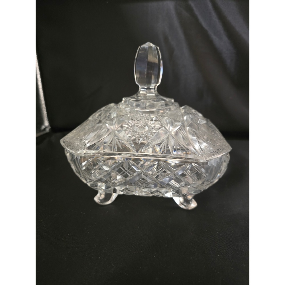 Vintage Cut Crystal Footed Candy Dish with Lid Pinwheel Pattern Square 6.5in